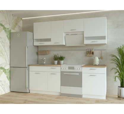 Kuchyně Doros Lea Bílá hladká / Sonoma DTD / skleněné vložky 220×60×250 (80359337)