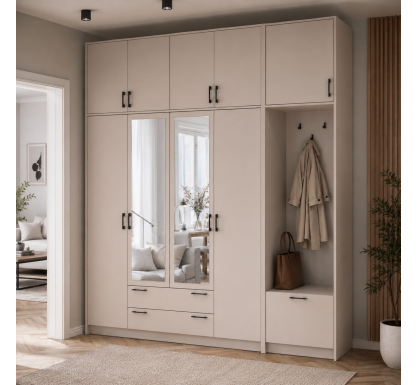 Šatní skříň Doros Rondi s věšákem, zrcadlem a vysokým nástavcem Kašmír 4 dvere 220x52x260 (42005408)