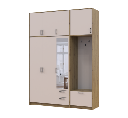 Šatní skříň Doros Rondi s věšákem, zrcadlem a vysokým nástavcem Dub Artisan / Kašmír, 3 dvere 181×52×260 (42005290)
